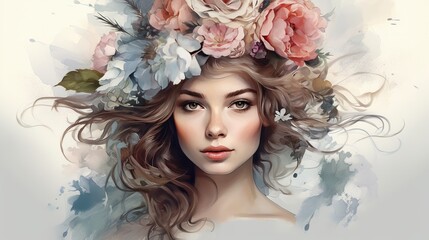 A watercolor painting of a woman with flowers in her hair