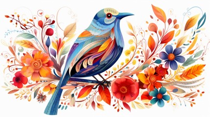 Naklejka premium A painting of a blue bird sitting on top of flowers