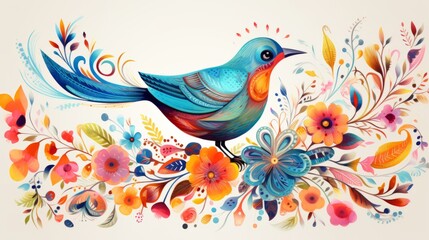 Fototapeta premium A painting of a blue bird sitting on top of flowers