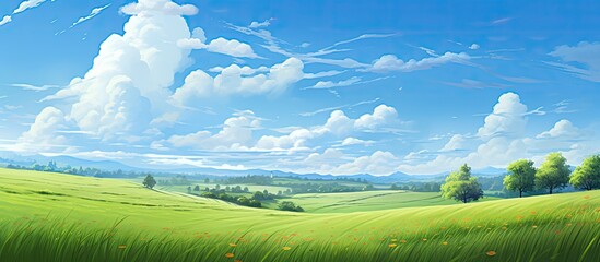 The vivid illustration captures the beautiful summer landscape with a lush green grassy plain stretching into the horizon under a blue sky adorned with fluffy clouds creating a mesmerizing 