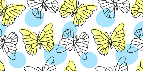 Brightly colored seamless butterfly pattern in linear style. Autumn, spring background. Seamless background of linear butterflies on brightly colored spots. Vector seamless wallpaper, minimalistic des