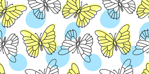 Brightly colored seamless butterfly pattern in linear style. Autumn, spring background. Seamless background of linear butterflies on brightly colored spots. Vector seamless wallpaper, minimalistic des