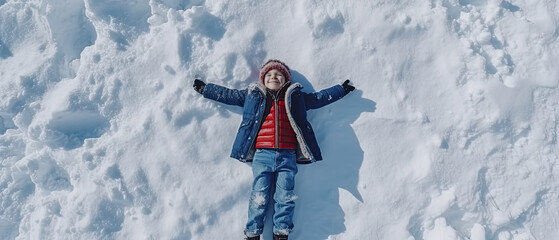 Top-down view winter banner with small boy in winter attire, sprawled on the snow and producing snow angel.