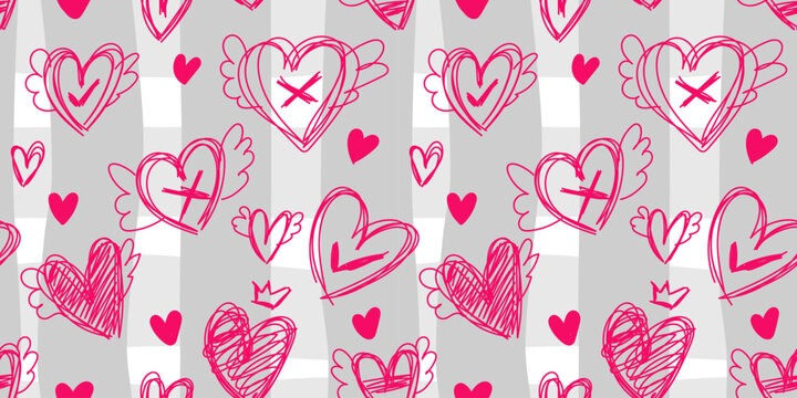 Brightly colored seamless heart pattern in linear style. Valentine's day banner background. Seamless background modern design free hand drawn pattern. Vector seamless wallpaper, punk design for fabric