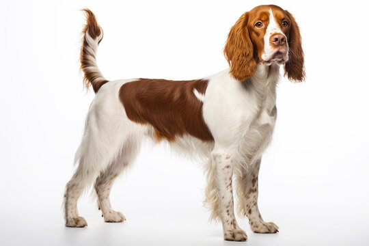 photo with white background of a Welsh springer spaniel dog breed