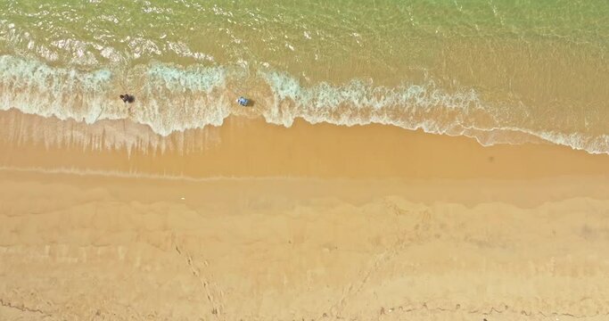 .aerial view sea waves seamless loop on the white sand beach. .Wave after wave swept towards the shore on the long white beach..green sea, white bubble waves,and clear sand landscape. Paradise beach.
