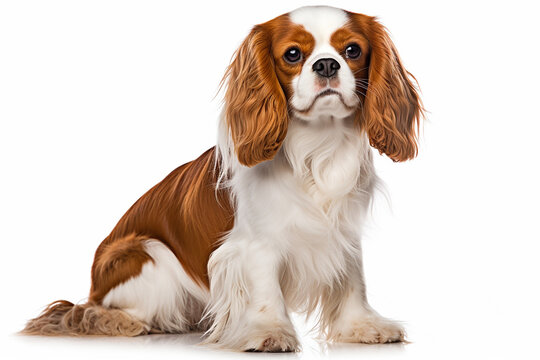 photo with white background of a king charles spaniel dog