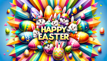 Vibrant Easter Celebration with Cartoon Bunnies and Colorful Egg Hunt Extravaganza
