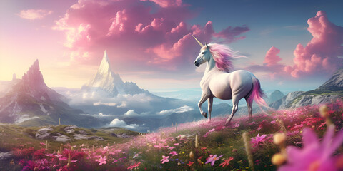Obraz na płótnie Canvas unicorn standing in a pink forest with butterflies flying around .Magic unicorn in fantastic world with fluffy clouds and fairy meadows. Neural network.AI Generative