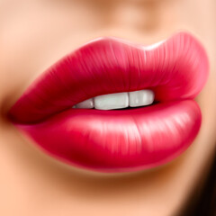 Obraz premium Beautiful sexy female lips with natural red lipstick and gloss, digital illustration. Smile
