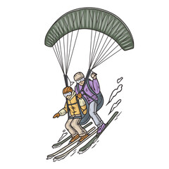 Pair paragliding with an instructor. Two persons flying paragliding. Seasonal extreme sports and outdoor activities, sports in the sky