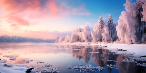 A serene winter landscape with a frozen lake, Winter Lake Snow, Peaceful winter scenery with snowy tree forest on shore of frozen river among snowdrifts under scenic colorful sunset sky, GENERATIVE AI