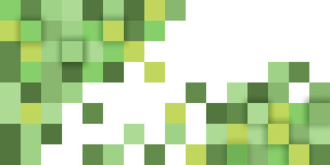 Large multi-layered pixelated green background made of squares of different shades of green. Modern game background.