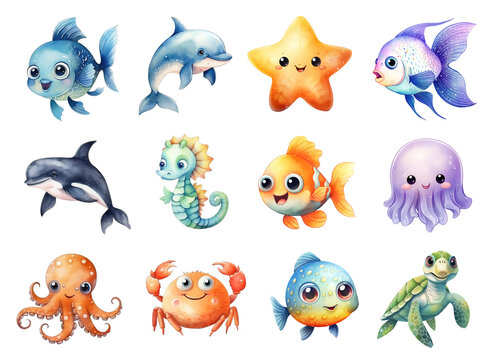 Watercolor Cute Sea Animals Set. Set of Water Animals Clipart. Sea Animal Illustrations.