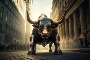 Charging Bull Statue in Wall Street Corridor - obrazy, fototapety, plakaty