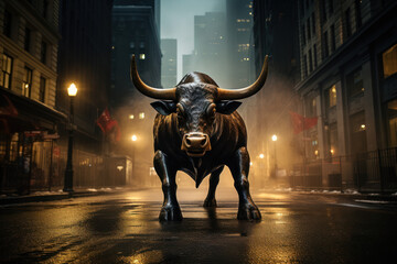 Charging Bull Statue in Wall Street Corridor - obrazy, fototapety, plakaty