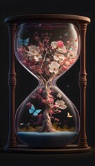 fancy illustration of flowering tree growing inside a hourglass