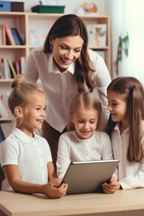 Fototapeta premium A Teacher Holding a Tablet Computer Explaining Lesson to a Young Children