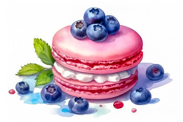 Macaroon with blueberries and mint. Watercolor illustration.