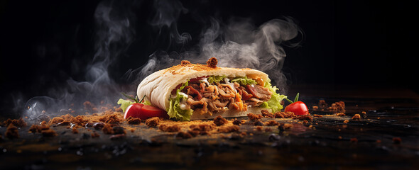 fresh grilled beef turkish or chicken arabic shawarma doner sandwich with flying ingredients and...