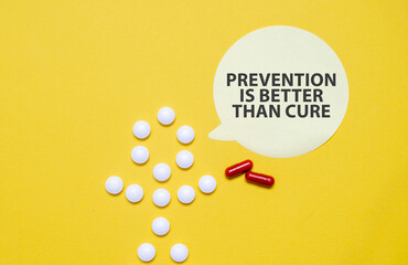 PREVENTION IS BETTER THAN CURE words on sticker with pills man on yellow background