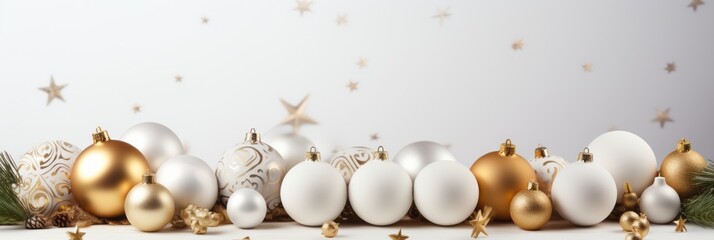 Christmas background with spruce balls and snowflakes and fir branches, white and golden winter holidays design, banner