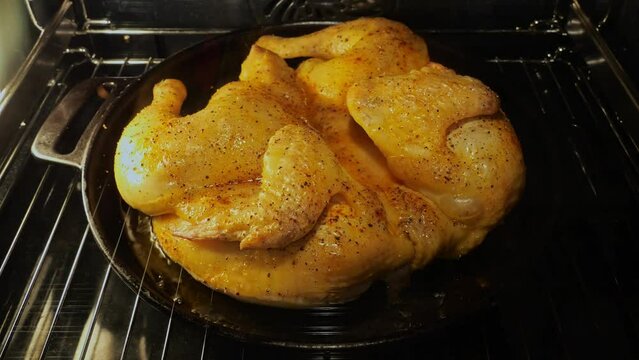 Cooking fried baked roast Chicken Tabaka in oven. Time lapse. Tobacco chicken. Close up. Cooking process