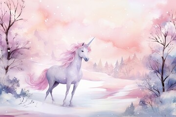 Obraz na płótnie Canvas Magical winter forest with Unicorn, snow covered trees, watercolor illustration