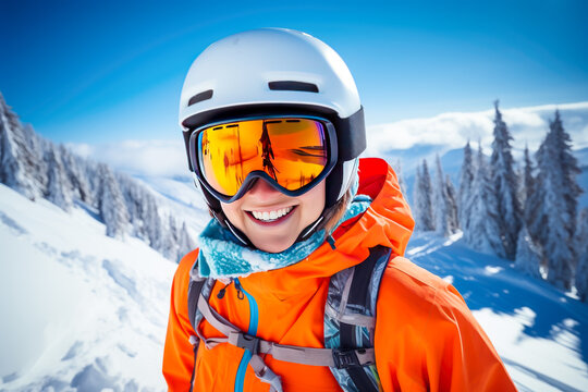 Portrait of a smiling young woman in ski goggles and helmet.