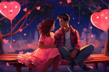 Romantic Couple lovers in park, under trees. Romantic date night under the stars. Valentines Day