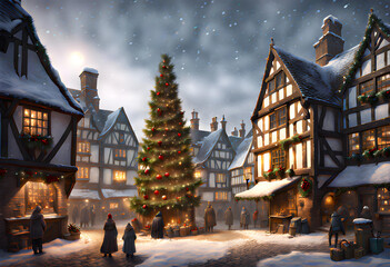painting of a medieval town square at christmas with ancient houses covered in snow and a large decorated christmas tree and people in the street