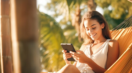 Beautiful young woman using mobile phone in hammock on summer vacation