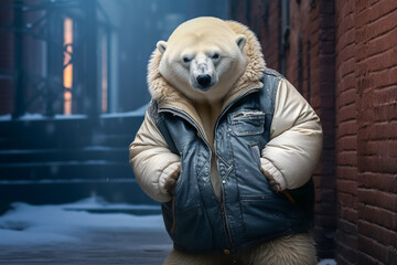 A bear wearing hip-hop style street fashion. Funny cute animal, adult bear, rapper and hustler concept - obrazy, fototapety, plakaty