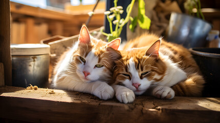 Two Orange and White Cats Sleeping in the Sun