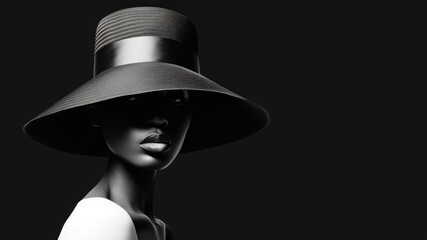 Beautiful African American woman with glossy lips wearing an elegant wide-brimmed hat. Chiseled, clear oval face and black skin. Perfection, quiet luxury style. Copy space