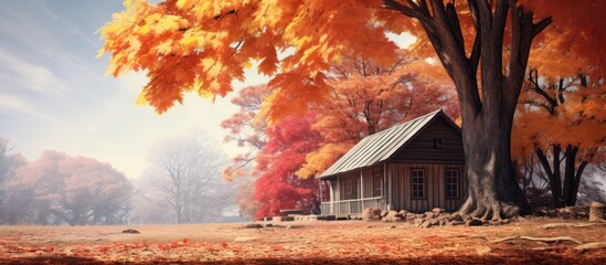 vintage wood cabin nestled withpark a majestic tree displayed its autumn glory with colorful leaves captivating the beauty of nature as the backdrop for an incredible wildlife photography c