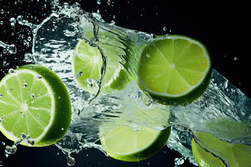 Fresh juicy cut up green lime slices with ice cubes and water splashes. Refreshing soda drink and cocktails.