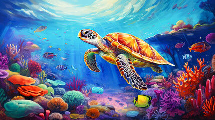 Turtle and coral reef in the Sea