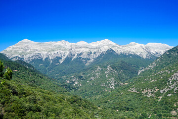 Fototapeta na wymiar Taygetos mountain range at Peloponnes in Greece. Prophet Elias the highest mountain on the Peloponnes