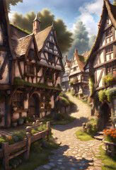 Fototapeta premium painting of a medieval village street in summer with ancient houses surrounded by flowers