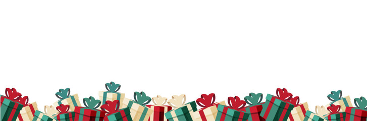 Cadeaux - Présents -  Illustrations vectorielles festives pour célébrer les fêtes de fin d'année - Cadeaux emballés et bolduc - Décorations de Noël - Vert, rouge et beige - Bannière de cadeaux - obrazy, fototapety, plakaty