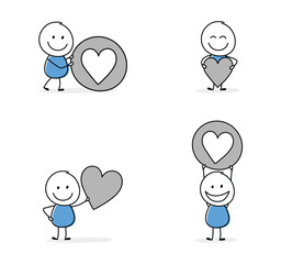 Collection of a funny stickman holding heart icon. Hand drawn design for a business presentation. Vector illustration