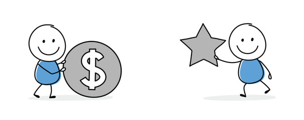 Collection of a happy stickman holding dollar - money and star sign. Cartoon style icons for a business presentation. Vector illustration