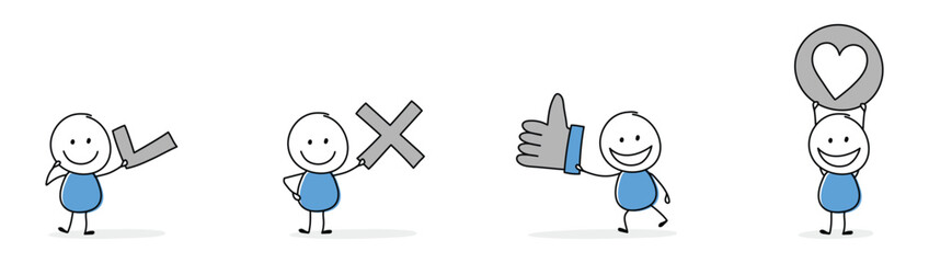 Collection of a funny stickman holding check mark, x mark, thumb up and heart sign. Hand drawn icons for a business presentation. Vector illustration