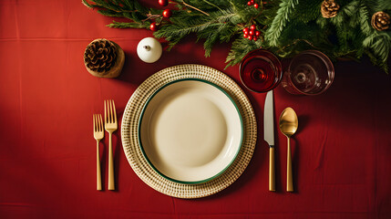 Holiday Place Setting with Decorations, Red Tablecloth, Dishes Galore