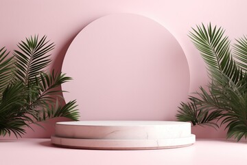3D podium scene with palm leaves isolated on pink background