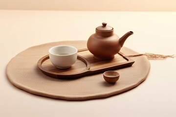 Obraz na płótnie Canvas Bamboo mat with teapot and dried leaves on beige background. AI Generated
