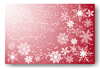 Naklejka na ściany i meble Beautiful falling snowflakes, wallpaper, background with copy space. Winter dust ice particles. Snowfall, red background. Winter snowflakes. January, december, february theme. Snow hurricane scenery