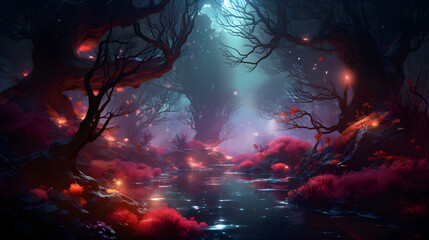 Mysterious Fantasy Background with Wooded Forrest and Stream