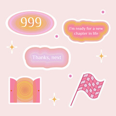 Numerology angel numbers 999 stickers. Set of illustrations for vision board of sunset, flower, plant and motivational quote